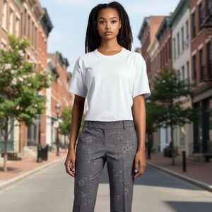 Cache Embroidered Plaid Cropped Cuff Pants